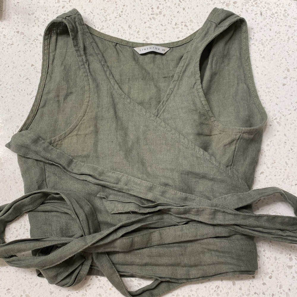 Linenfox Soja Pine Green Linen Wrap Top
